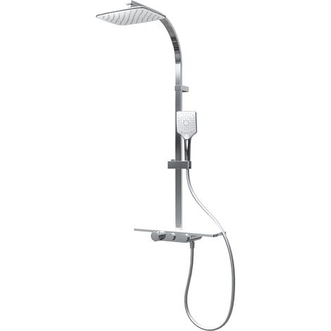 Schulte – Colonne de douche thermostatique avec tablette – Pommeau carré orientable – Douchette à main – Blocage à 38° C – Corps en laiton chromé