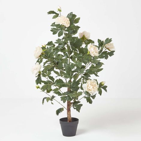 HOMESCAPES Peach Artificial Peony Tree in Black Pot, 100 cm Tall