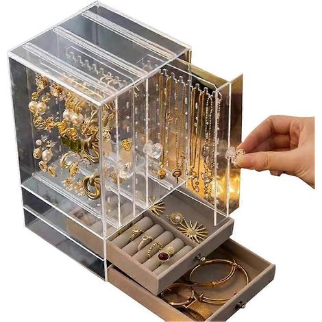 Vitrine transparente pour boucles d'oreilles et colliers, boîte de rangement vintage en plastique avec tiroirs pour bracelets, bagues et accessoires (1/5)