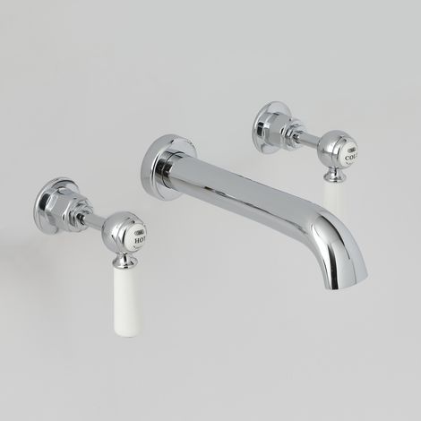 Milano Elizabeth Wall Mounted 3 Tap Hole Basin Mixer Tap - Chrome & White (Lever Handles) (1/5)