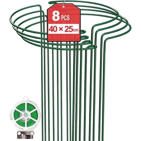 Lot de 8 - Tuteur pour plante - Support de jardin - Anneau de soutien en métal vert - Pour pivoines hortensias tomates - 25x40cm (1/5)