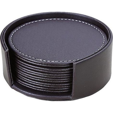 black 6 Pieces Round Leather Coasters, Pu Leather Coasters For Parties Coffee Bar Pub Cup Mat Coasters Coasters With Holder Black-round (1/5)