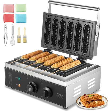 VEVOR 6 PCS Máquina para Hacer Gofres Comerciales, 1500 W, Acero Inoxidable Antiadherente, para Gofres de Maíz, Salchichas, Control de Temperatura y Tiempo, Asa, para Restaurantes, Panaderías, Bares