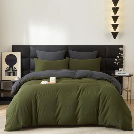 Parure de lit 3 pièces en coton 220 x 200 cm - Vert olive et gris uni - Lit double réversible en coton doux - Housse de couette 200 x 220 cm et 2 taies d'oreiller 80 x 80 cm avec (1/5)