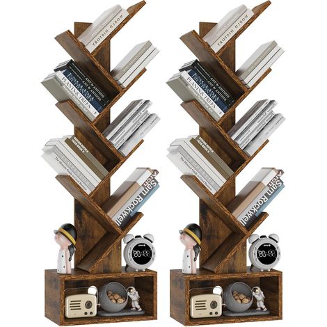 Bibliothèque d'arbre, Étagère à Livres sur Pied, Étagère de Rangement pour Magazines, CD, pour Salon, Chambre, Bureau, 112 cm, Marron Rustique (Lot de 2) (1/5)