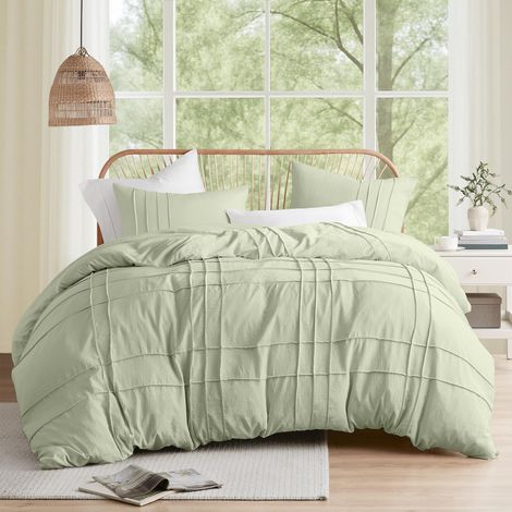 Parure de lit 3 pièces avec Housse de Couette plissée à Nervures pour Grand lit, légère et Extra Douce en Microfibre prélavée, Couvre-oreillers, Sauge (1/5)
