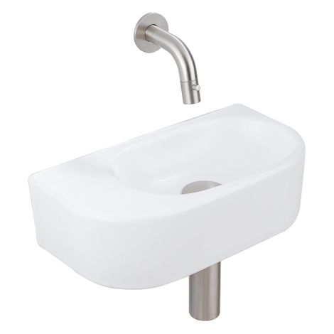 QeramiQ Fuente Ensemble de Lavabo - 40x21.5x12cm - lisse - demi-rond - céramique - ensemble de robinet en acier inoxydable brossé - bouchon de vidange