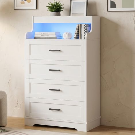 Commode avec Éclairage LED RGB - Meuble de Rangement Blanc à 4 Tiroirs, Pratique Anti-basculement, Commode Chambre Blanche Moderne