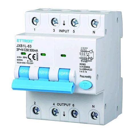 Differentialschutzschalter 3P+N 50A 6kA 300mA 380V belegt 4 DIN-Module Ettroit JX265063