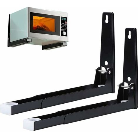 Étagère micro-ondes en fer noir, support mural robuste, lot de 2 pièces, fixation acier, rangement cuisine gain de place, charge lourde, design industriel. (1/5)
