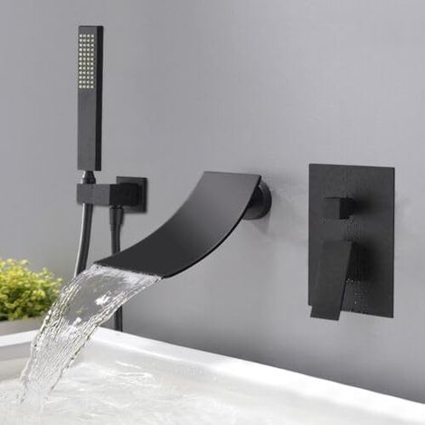 3 Loch Badezimmer Brausegarnitur Wandmontierte Badewannenarmatur Wasserfall Duschset Brause Wasserhahn Mischbatterie Wandmontage Wannenrand Armatur Brausen Set Unterputz Duscharmatur Schwarz