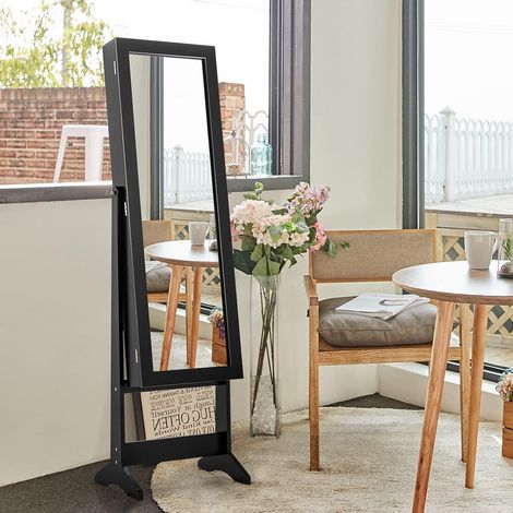 COSTWAY Schmuckschrank neigungsverstellbar, Schmuckregal mit Ganzkoerperspiegel, Schmuck Spiegelschrank mit 64 Ohrringschlitzen, 20 Halskettenhaken, 72 Ringschlitzen, 4 Ablagen für Make-up Schwarz (1/5)
