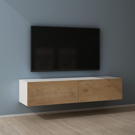 Mai & Mai Fernsehtisch Fernsehschrank TV Schrank Verdeckter Griff mit Soft-Close Lowboard Hängeschrank für Wohnzimmer in Matt Weiß + Kerneiche BTH: 140x40,2x30 cm Fernsehschrank02