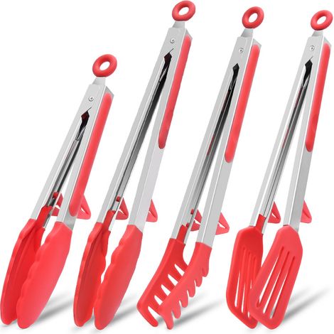 Pinces à barbecue, pinces à spaghetti, pinces de cuisine, lot de 4 pinces de cuisson en acier inoxydable résistant à la chaleur avec embouts en silicone pour steaks, salades et buffets barbecue. (1/5)