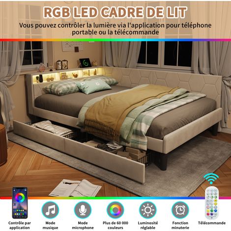 HYTKKBD – Lit Tiroirs 140x200cm avec LED et USB,Lit Double avec Tiroir de Rangement,Tête de Lit Multifonctionnel avec Dossier Moelleux,Canapé-lit 140x200cm,sans Matelas,Velours,Beige