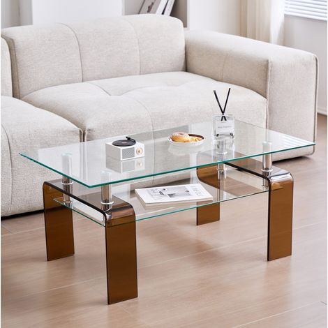 Tavolino da caffè 100x55x45 cm, a due livelli, salvaspazio, vetro e metallo trasparente (1/5)
