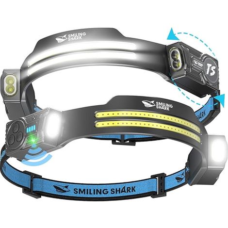 Smiling Shark Lampe Frontale, 2 Pièces Lampes Frontales LED Rechargeable Ultra Puissante avec 2 Faisceau Large & Spot Réglable Détecteur de Mouvement 2400 mAh 5 Modes pour Randonnée Pêche Camping (1/5)
