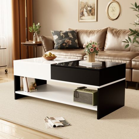 Mesa de centro en blanco y negro, mesa de centro moderna con 2 cajones, almacenamiento, tablero brillante, 100x48x40 cm (1/5)