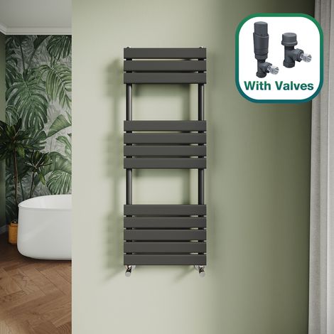 ELEGANT Modern Central Heating Towel Radiator Bathroom Flat Panel Heated Towel Rail 1200x450mm Black + Anthracite Thermostatic Radiator Valves
