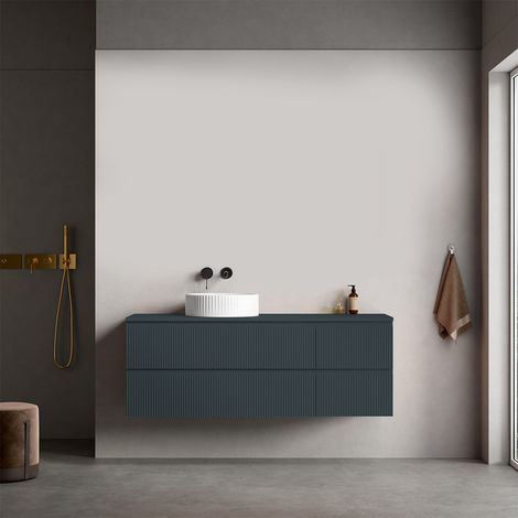 Mobile bagno sospeso cannettato reversibile  140 cm Blu Mare per Lavabo d'appoggio Senza Specchio - Fiji Paint Top Canneté (1/4)