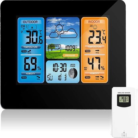 Station météo sans fil Station de prévision numérique des couleurs Thermomètre Intérieur Extérieur Thermomètre Humidité Baromètre Alarme Phase de lune Horloge météo avec capteur extérieur