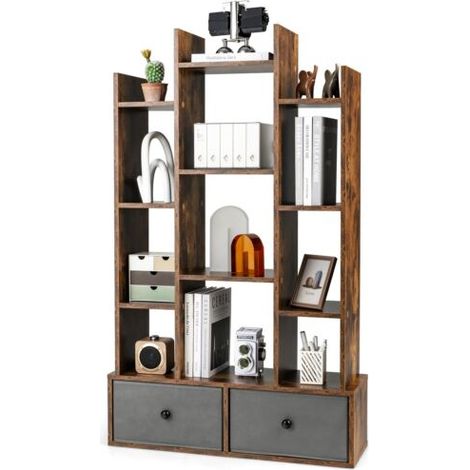 12 Tier Bookshelf Open Storage Wood Bookcase Organizer Display Shelf 2 Drawers (1/5)