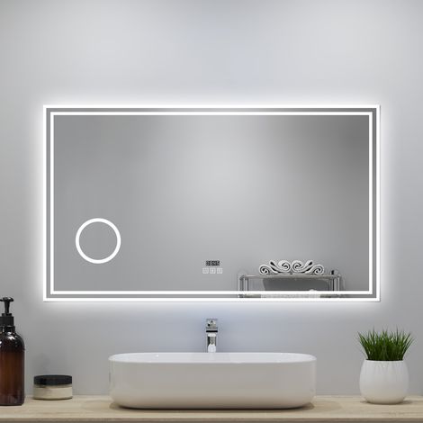 OCEAN Specchio da bagno con LED 120x70cm,Bluetooth,Orologio,Lente d'ingrandimento,3 colori,Dimmerabile, Antiappannamento,Memoria,IP44 (1/5)