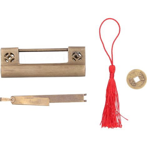 Kupfer-Vorhängeschloss-Set – Vintage-Antik-Stil – Antikes Vorhängeschloss mit Schlüssel – inklusive Schlüsselbeschlag – Schlicht mit antiker Münze und Quaste – für Schmuckkästchen/Schmuckkästchen/Gesc