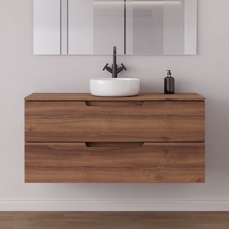 Meuble de salle de bain 120cm avec plateau et vasque à poser ronde - 2 tiroirs - sans miroir - noyer (bois foncé) - SONRIZA (1/5)