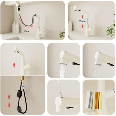 Rubinetto per lavabo con doccetta estraibile in ottone, per acqua calda e fredda, girevole e retrattile, colore bianco.