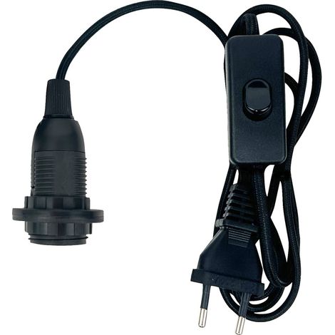 Tibelec – Cordon électrique pré-équipé E14 1.5m – Câble tissu noir – Douille filetée + 2 bagues – Fiche 2 pôles pour luminaires
