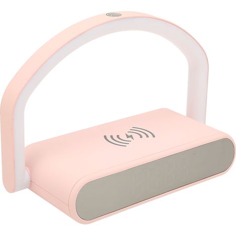 Réveil à chargement sans fil avec veilleuse réglable à deux niveaux, réveil numérique multifonctionnel, idéal pour la chambre à coucher, rose. (1/5)