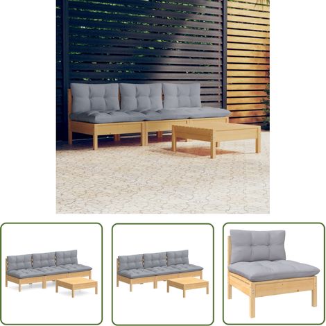 The Living Store Salon de jardin 4 pcs avec coussins gris Bois de pin - Salon De Jardin - Mobilier De Jardin - Ensemble De Salon - Meubles De Terrasse - Chaise Longue (1/5)