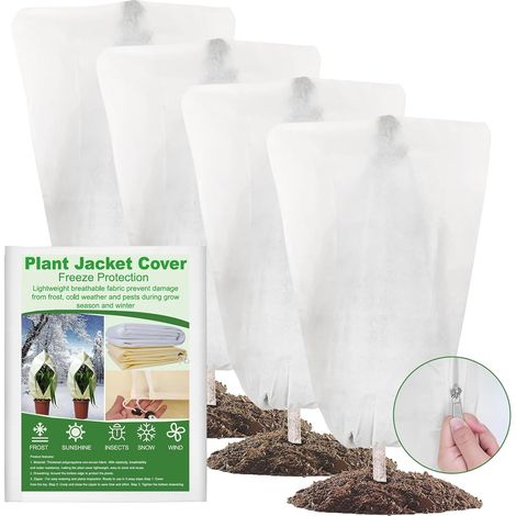 4 Pièces Voile Hivernage Plante Exterieur, 60x80cm Voile D'hivernage, 70gsm Housse Hivernage Plante Exterieur avec Fermeture Éclair et Cordon, pour Jardins Plantes (1/5)