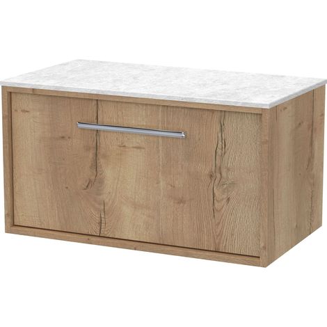 Sturbridge Contemporary 1 Drawer Wall Hung Vanity Unit with White Marble Top , 800mm, Autumn Oak