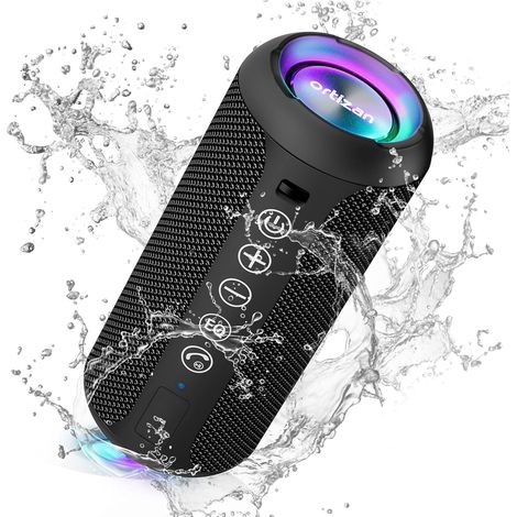 Enceinte Portable Bluetooth 5.3 sans Fil avec Bass Puissantes, Étanche IPX7, Subwoofer à 360 Degrés, Autonomie 30 hrs, Double Appairage Stéréo, Lumière LED