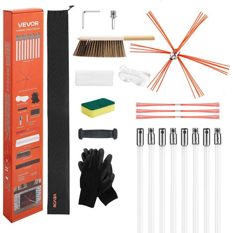 Kit de Ramonage 8 m Brosse Ramonage Cheminée Extensible Outil de Nettoyage Flexible 90° pour Conduits de Cheminées Carrées Rectangulaires Arquées, avec Poils de Rechange, Lunettes de Protection (1/5)