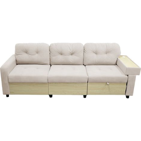 Canapé d'angle 3 places avec ottomane extensible, rangement intégré, ports USB et plateau en bois, tissu velours vert beige (1/5)