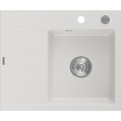 Mexen Ben lavello in granito 1-vasca con sgocciolatoio, destro 600 x 500 mm, bianco, sifone cromato - 6523605000-20 (1/5)