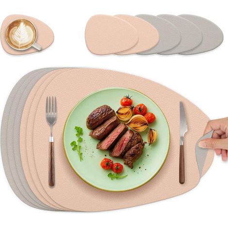 Lot de 6 sets de table ovales lavables en cuir, double face, antidérapants, rose clair et gris clair. (1/5)