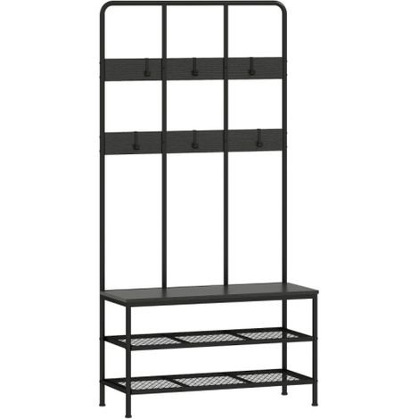3-in-1 Garderobenständer, Kleiderhaken, Sitzbank, Schuhregal, Metall, Spanplatte, Schwarz (1/5)