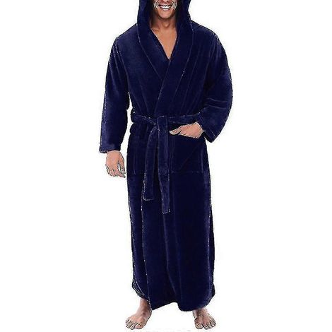 Peignoir chaud en polaire avec capuche pour homme, peignoir long en éponge Blauw-M-Blauw (1/2)