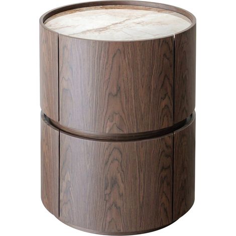 Table de chevet ronde marron 2 tiroirs - marron brun avec plateau céramique beige veiné (1/5)