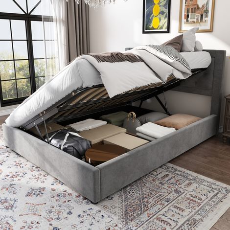 Lit coffre 140x200 velours gris tete capitonnee OKMYHOME (1/5)