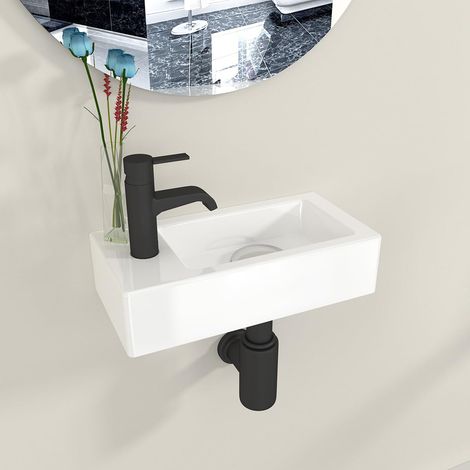 Lavabo Miniature à Poser ou Suspendu en Céramique - Robinet à Gauche - Petit Évier pour Salle de Bain, WC ou Bateau - Trou de Robinet sur Côté Gauche (1/5)