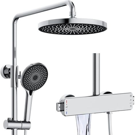 Colonne de Douche Thermostatique Argent Ensemble Ensemble de Douche en Laiton Réglable en Hauteur, 3 Fonctions Système de Douche Murale avec 26cm Pommeau de Douche, Douchette et Robinet Cascade (1/5)