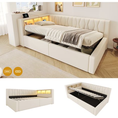 Lit de jour convertible, 90 x 200 cm, sans matelas, coffre de rangement hydraulique, bandeau LED réglable, étagère pratique, port USB, beige, lit enfant avec rangement, éclairage LED intégré (1/5)