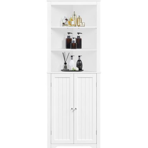 Meuble Armoire Rangement Salle de Bain, Meuble d'angle Toilette Haute Blanche avec Placards Tablettes Réglables et 3 Étagères 60 x 31,5 x 163 cm Salon Chambre Cuisine (1/5)