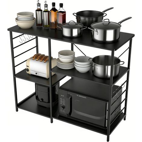 ® Étagère de cuisine à 4 niveaux avec 8 crochets, design industriel, étagère de comptoir autoportante en tubes métalliques, 39 x 90 x 83 cm, Noir (1/5)