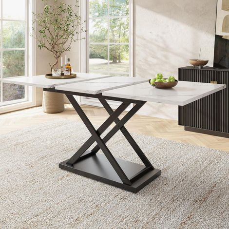 Ausziehbarer Esstisch Marmoroptik 120-160cm mit schwarzen Kreuzbeinen (1/5)